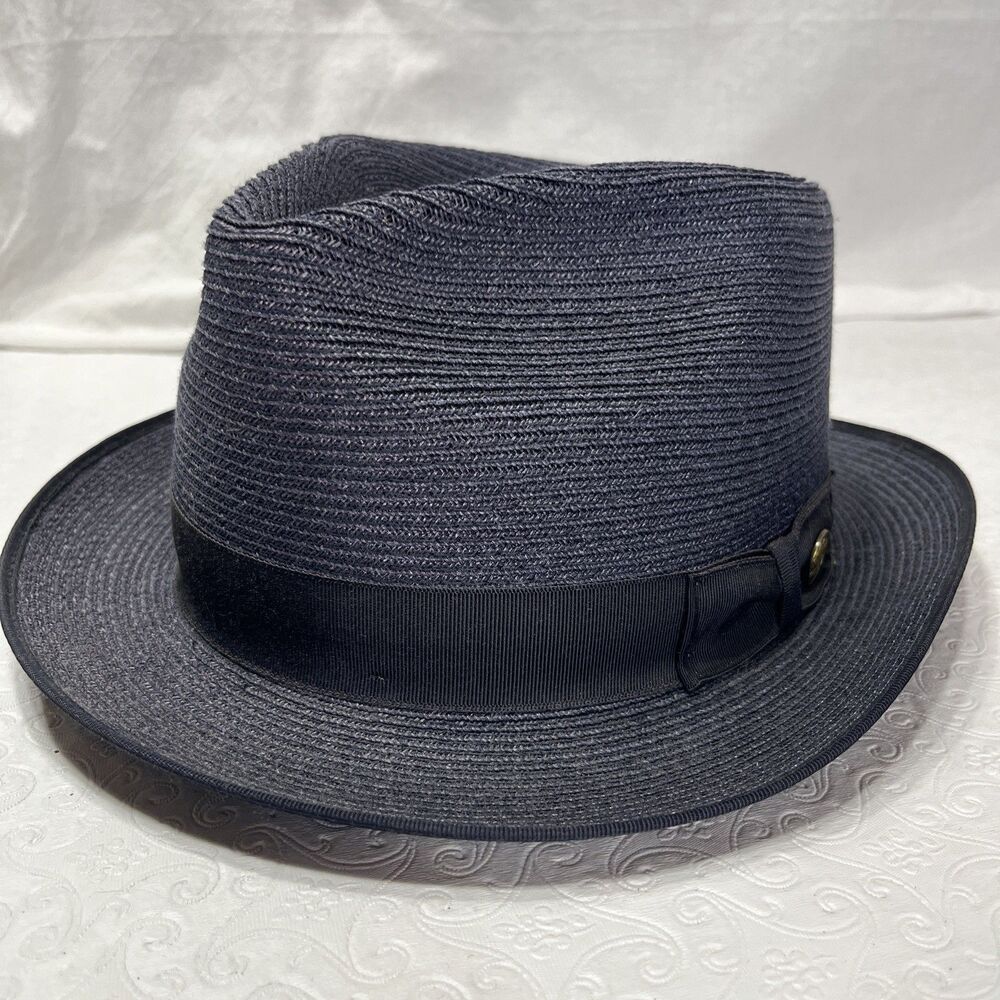 Vintage Stetson Medalist Woven Hemp Fedora Hat Navy Blue Men Size 58 7.25 Classy